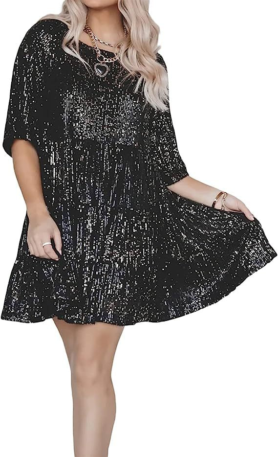 Women's Flashing Sequins Half Sleeve Round Neck Dresses