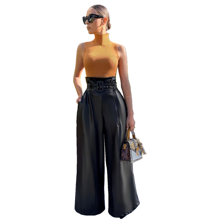 Women's Fashion High Waist Leather Nightclub Metal Belt Wide Leg Pants