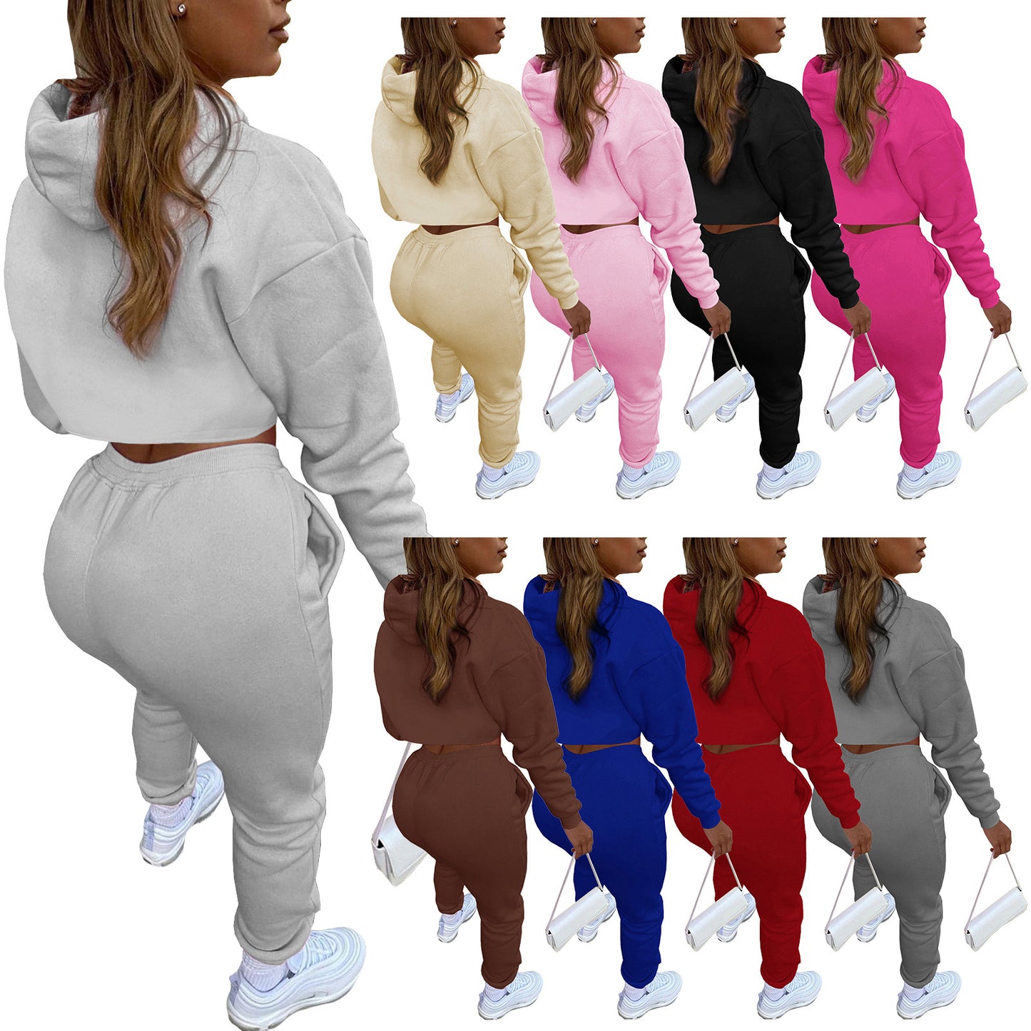 Women's Fashion Drawstring Hoodie Cotton Jogger Three-piece Suits