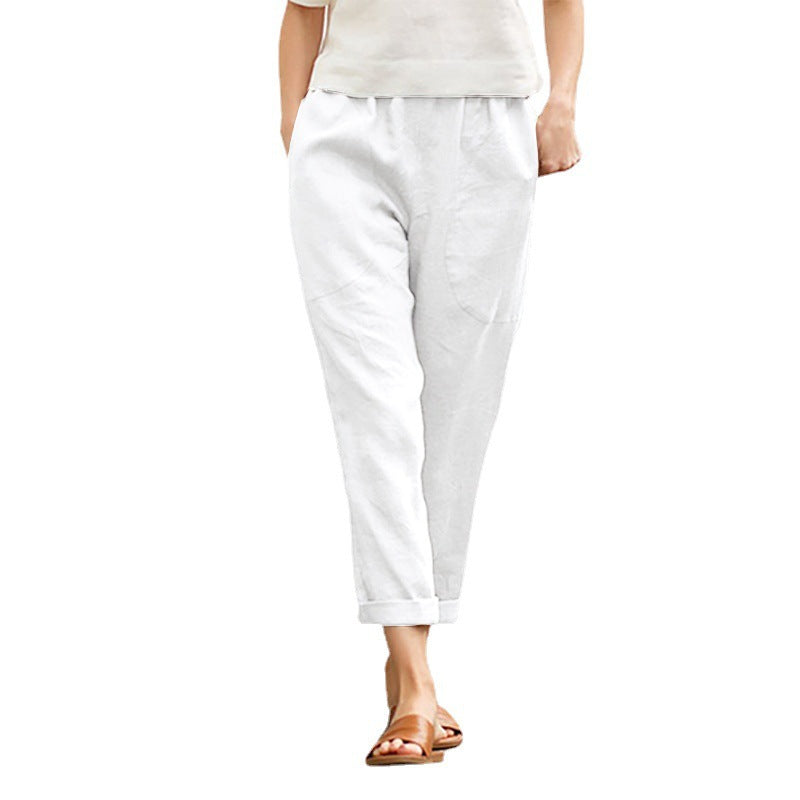 Pantalon décontracté en coton et lin pour femme, couleur unie, confortable