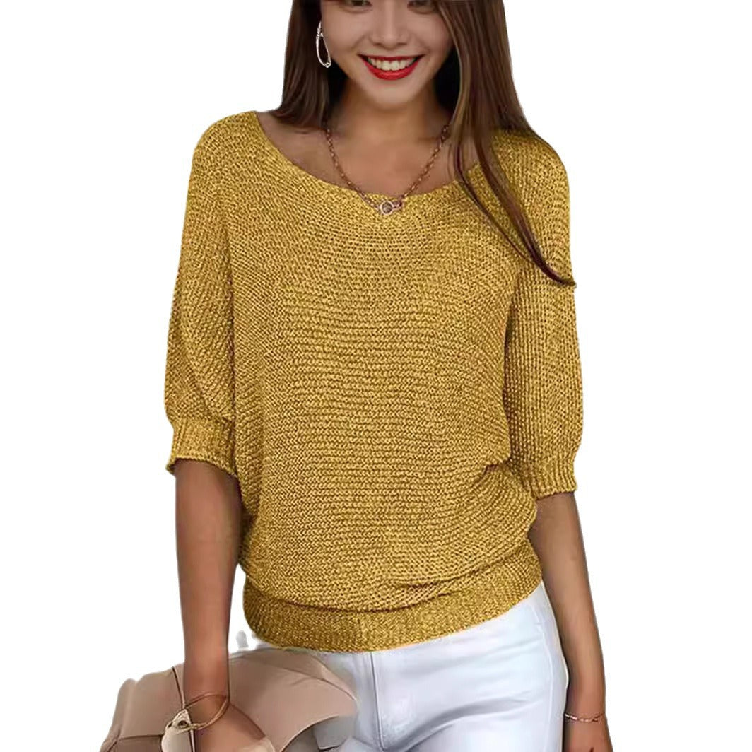 Women's Spring Solid Color Round Neck Commuter Elegant Cropped Sleeves Sweaters