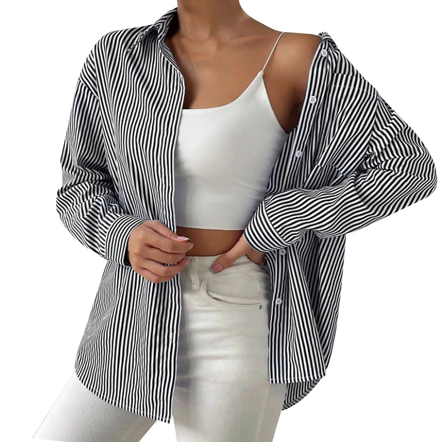 Women's With Pocket Loose Striped Classic Long Blouses