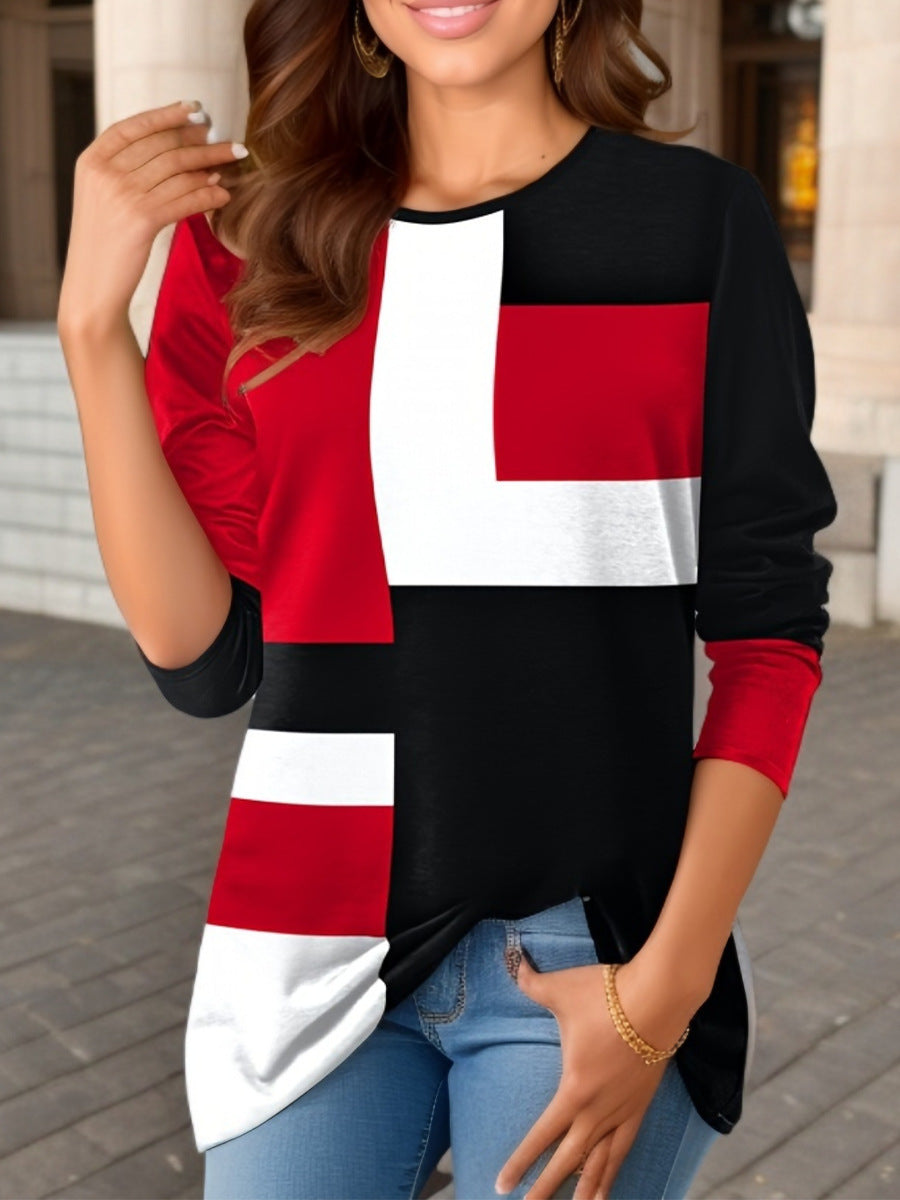 Women's Geometric Color Matching Long-sleeved T-shirt Blouses