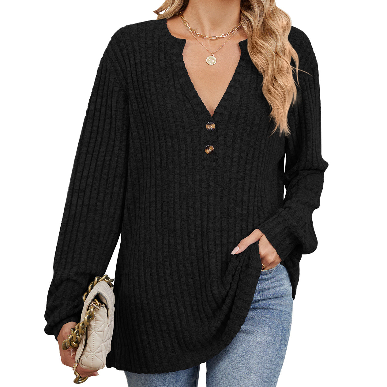 Women's Color Rib Fabric Brushed Button Loose Long-sleeved Blouses