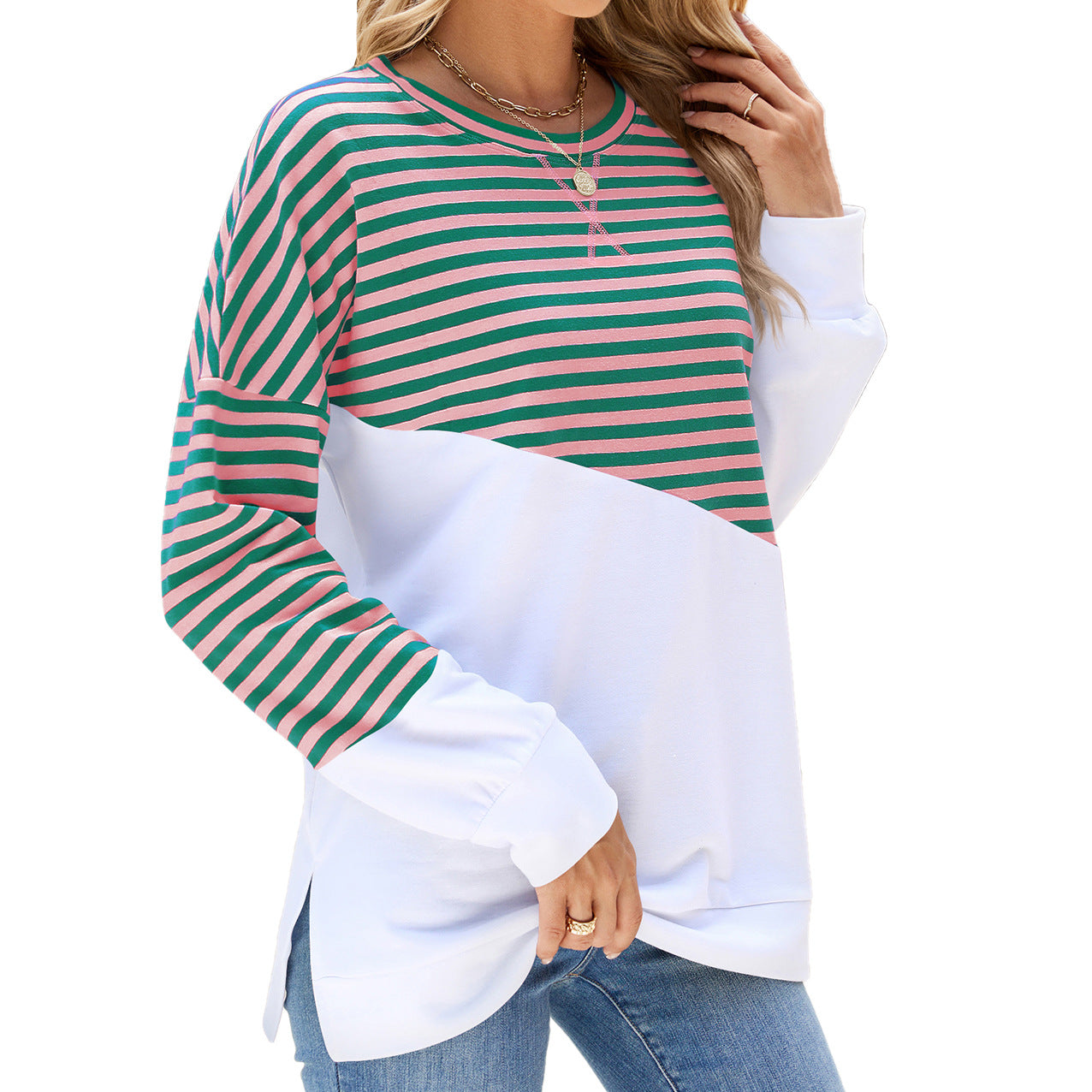 Women's Solid Color Round Neck Contrast Striped Sweaters