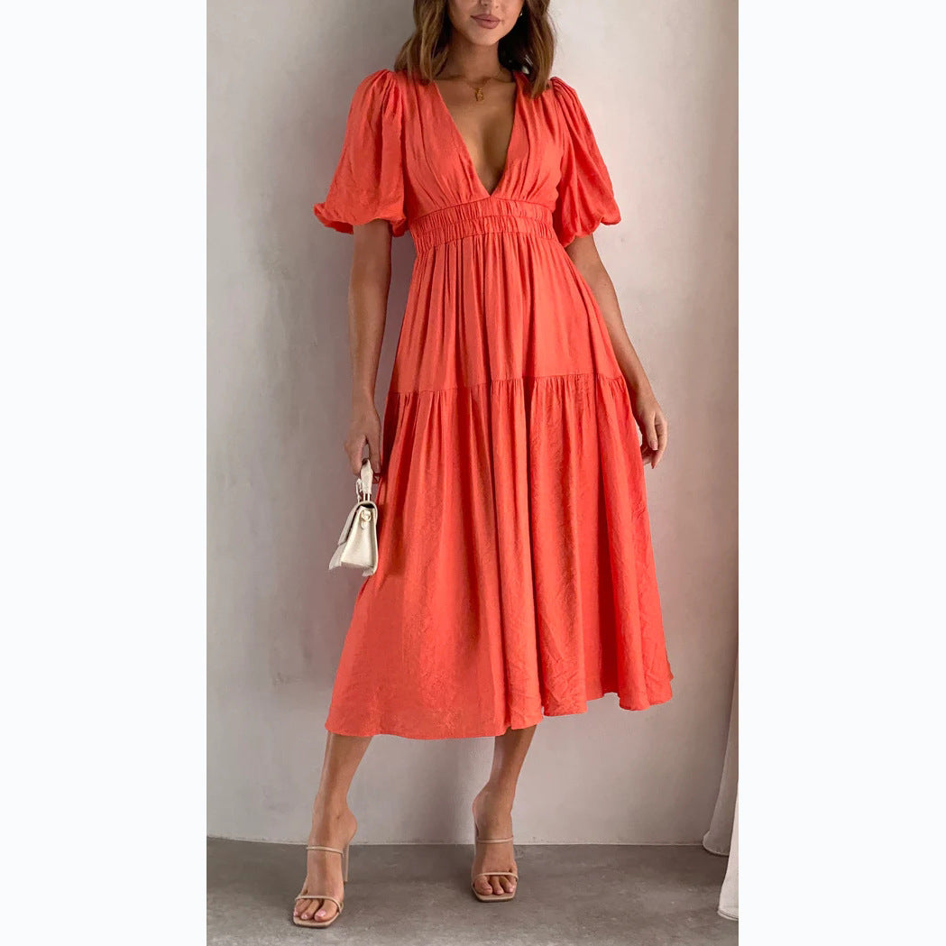 Trends Summer V-neck Tight Waist Mid-length Dresses