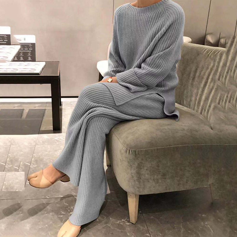 Women's Long Sleeve Solid Color Knit Casual Two-piece Suits