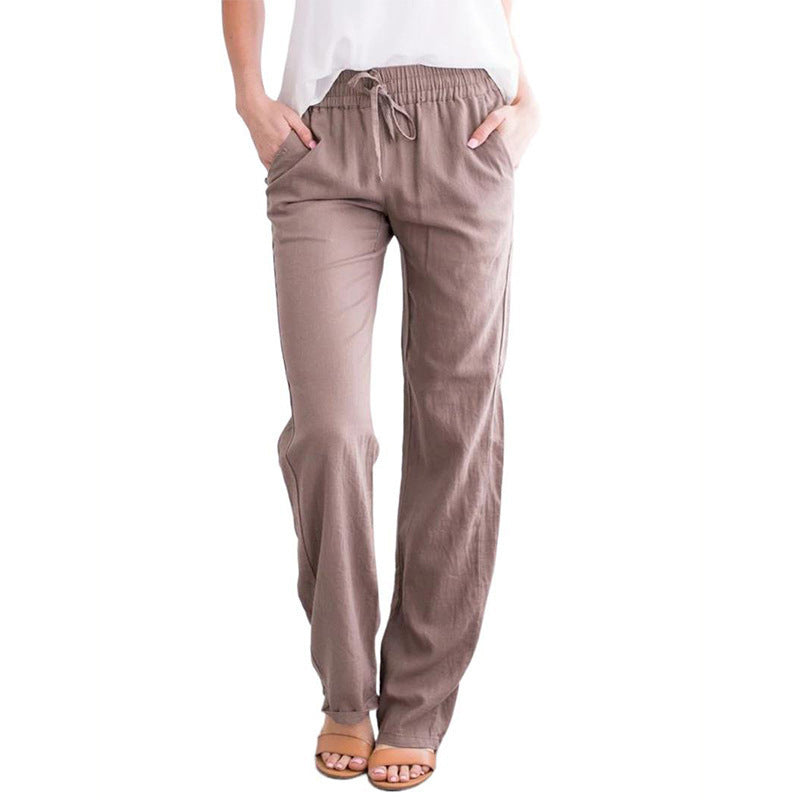 Pantalon décontracté ample en coton et lin de couleur unie pour femme avec cordon de serrage