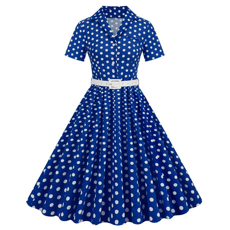 Women's Polka Dot Stitching Belt Sleeve Dress Dresses