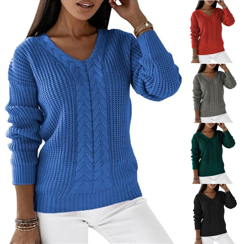 Women's Long Sleeve V-neck Solid Color Twist Casual Knitted Sweaters