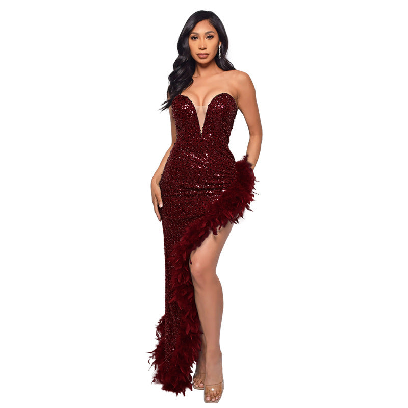 Women's Tube Backless Sequined Feather Dress Dresses