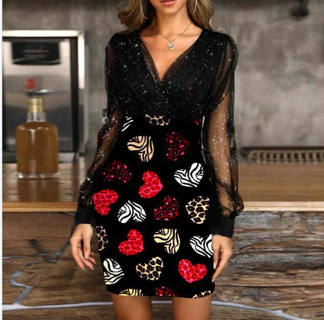 V-neck Sequined Slim Fit Sexy Print Dresses