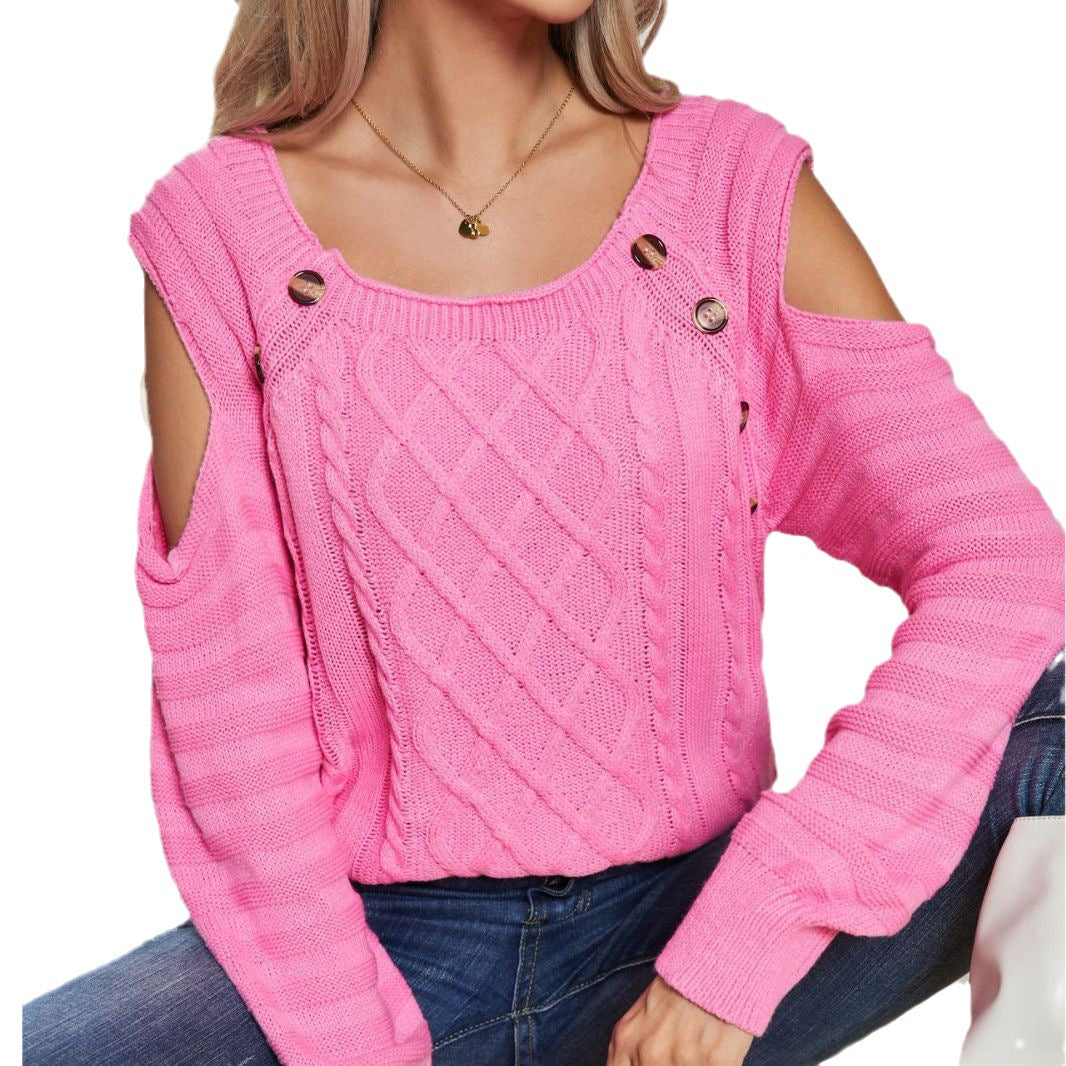 Women's Button Square Collar Long Sleeve Twisted Sweaters