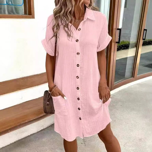 Women's Summer Simple Buttons Cotton Linen Dress Dresses