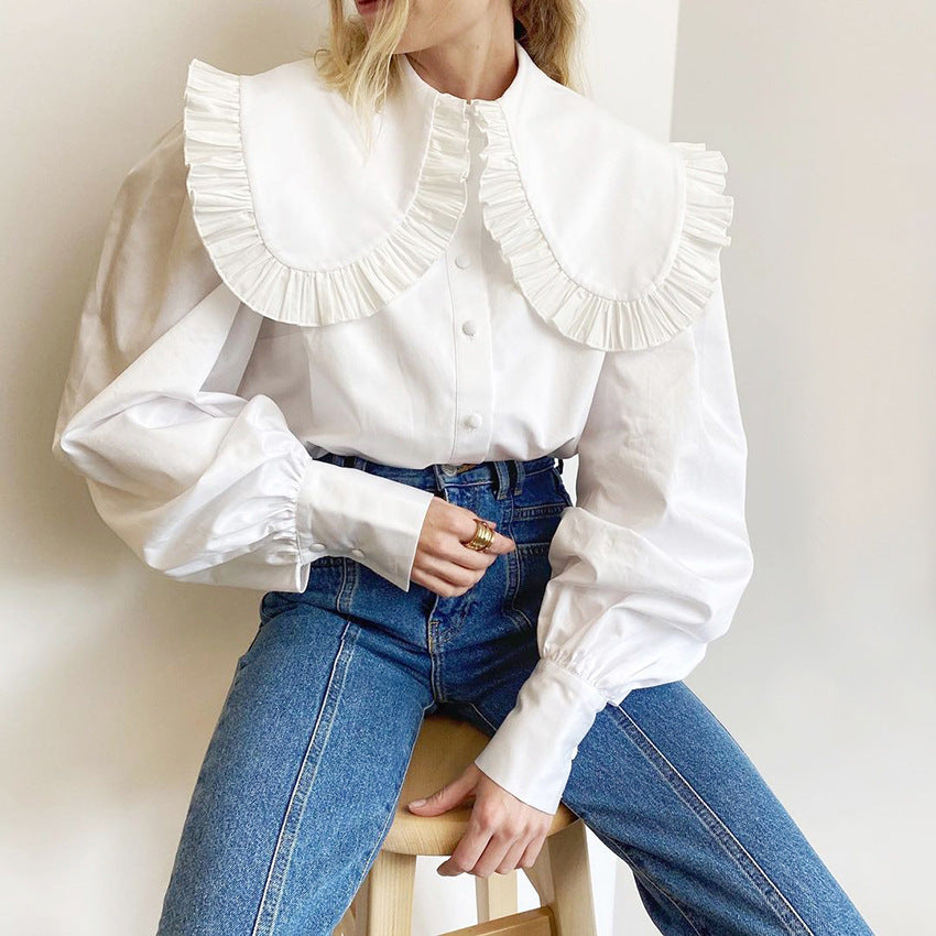 Women's Temperament Collar White Cotton Long Sleeve Blouses