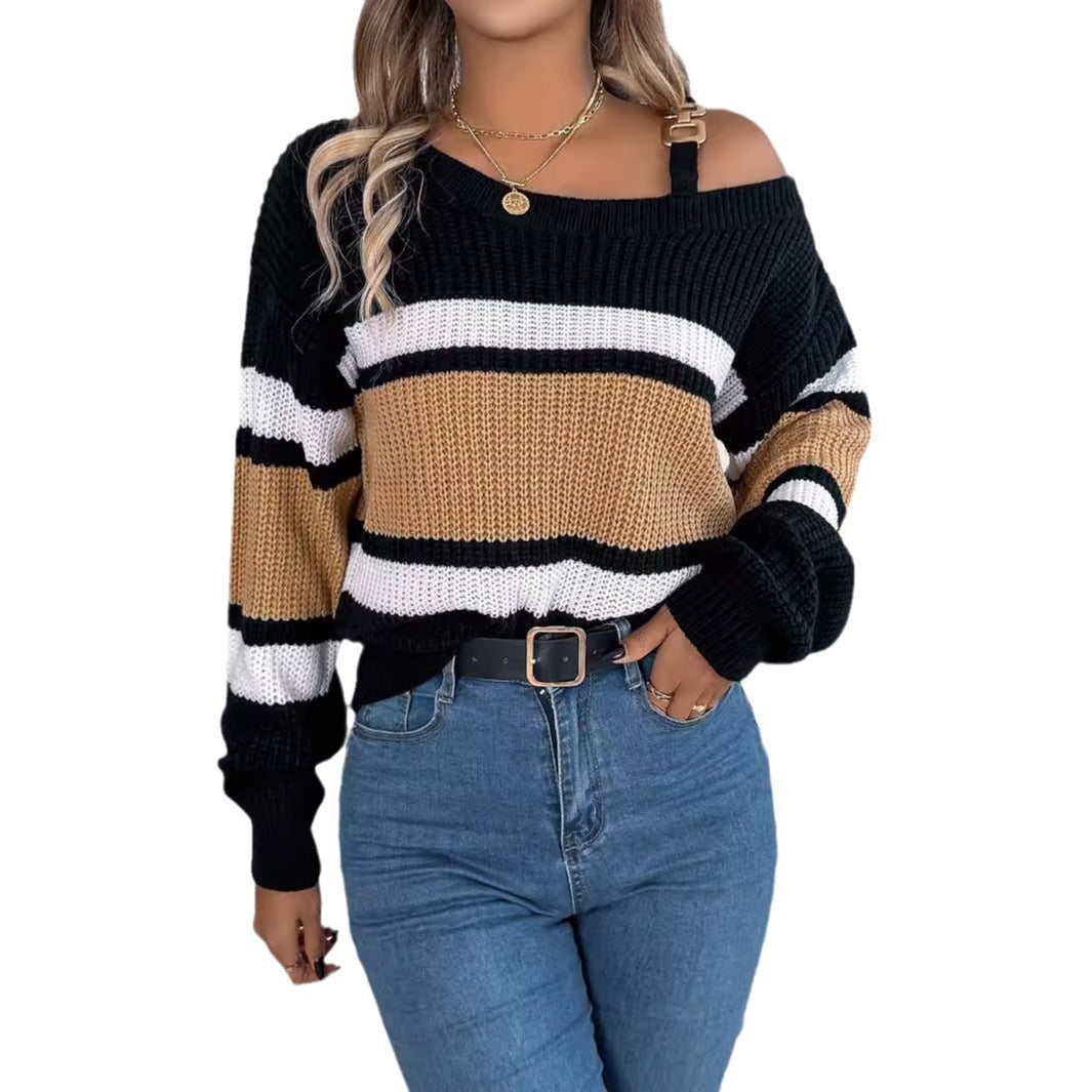 Women's Contrast Color Striped Lantern Sleeve Metal Sweaters