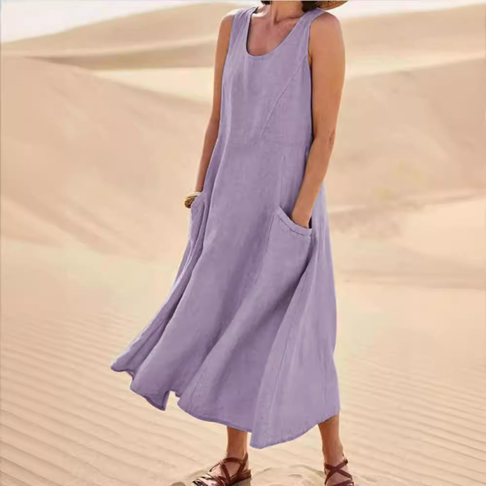 Women's Summer Pocket Sleeveless Round Neck Cotton Dresses