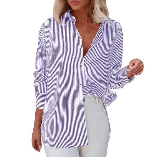 Women's With Pocket Loose Striped Classic Long Blouses