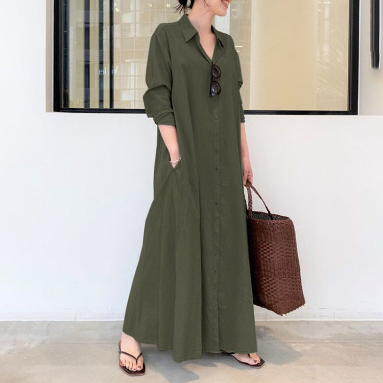 Women's Casual Loose Wear Solid Color Lapel Long Sleeve Dresses