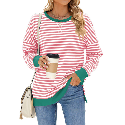 Women's Contrast Color Round Neck Split Long Sweaters