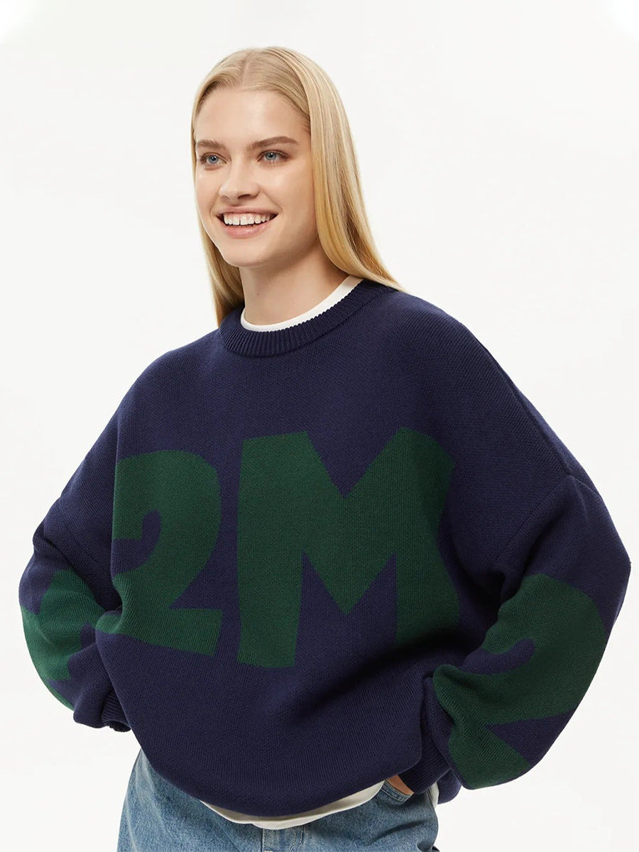 Letter Fashion Contrast Color Temperament Crew Sweaters