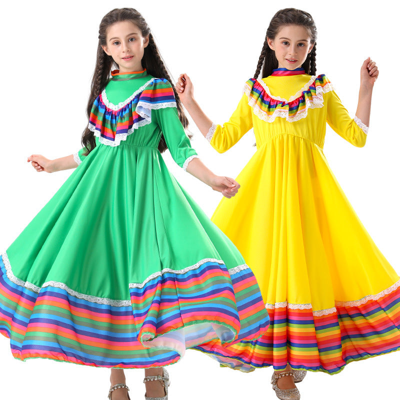 Costumes de danse ethnique mexicaine pour enfants avec robe trapèze de grande taille