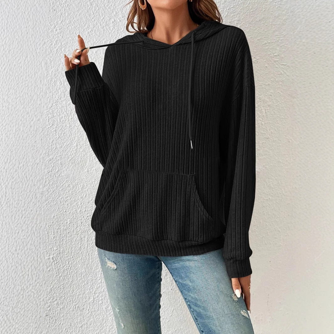 Women's Hooded Sunken Stripe Kangaroo Pocket Sweatshirt Knitwear