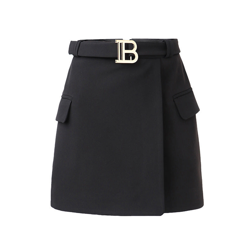 Dark Blue Buckle Commuting Style Dress Skirts