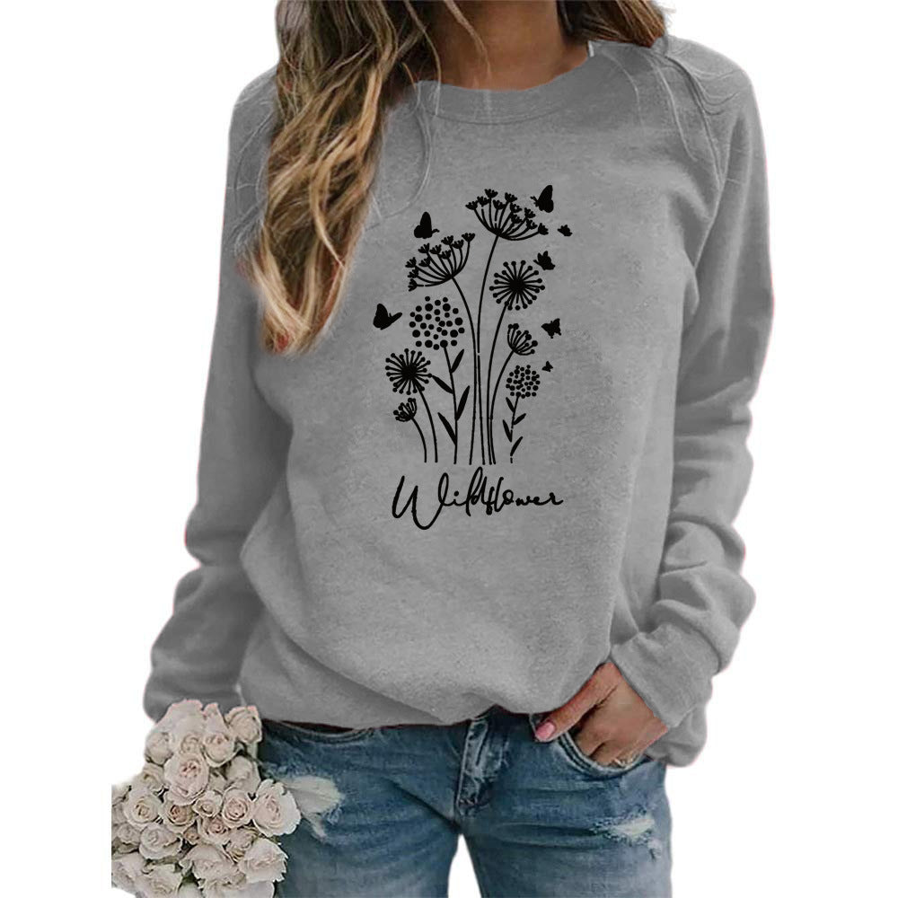 Women's Wild Grass Butterfly Printed Crew Neck Sweaters