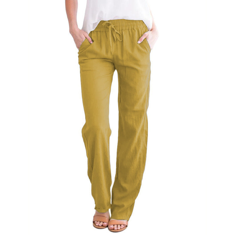 Pantalon décontracté ample en coton et lin de couleur unie pour femme avec cordon de serrage