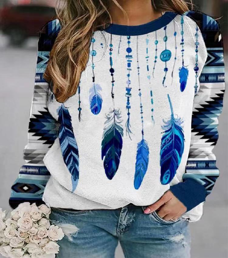 Women's Retro Printed Geometric Pattern Round Neck Long Sweaters