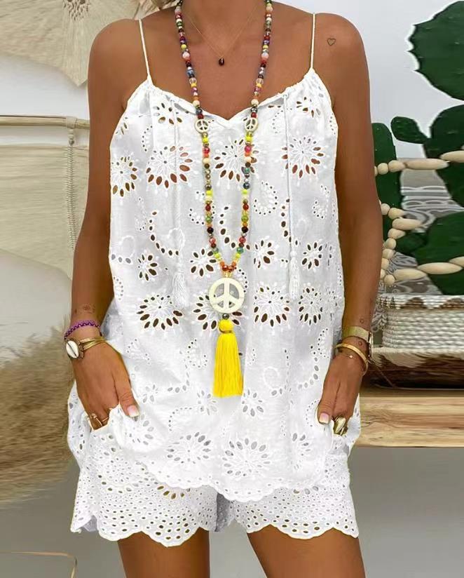 Drawstring Ruffled Hollow Camisole Embroidered Belt Suits