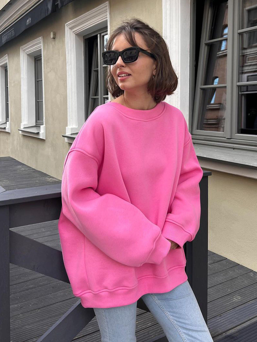 Women's Round Neck Loose Sweatshirt Street Solid Color Polar Sweaters