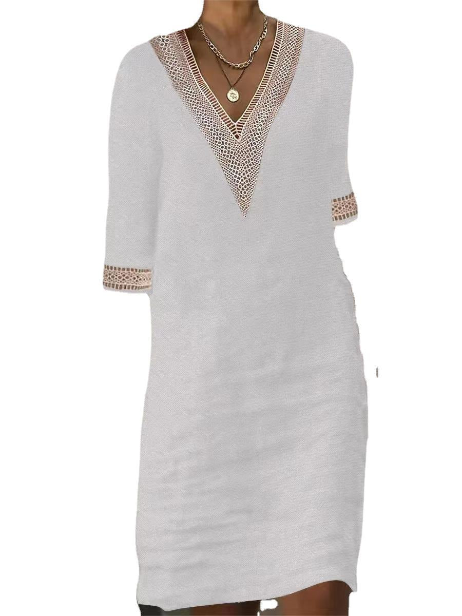 Women's Solid Color And Lace Cotton Linen Dresses