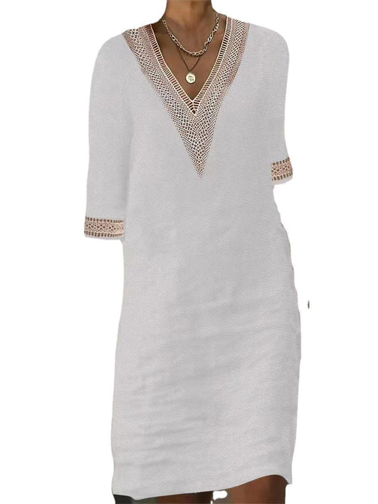 Women's Solid Color And Lace Cotton Linen Dresses