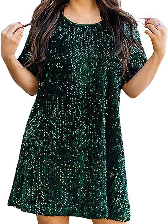 Women's Flashing Sequins Half Sleeve Round Neck Dresses