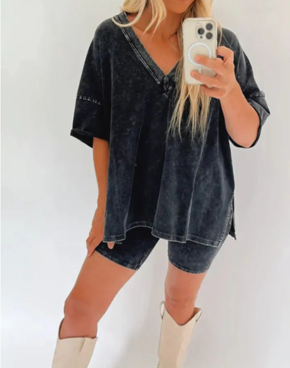 Women's Denim Sleeve T-shirt Casual Two-piece High Suits