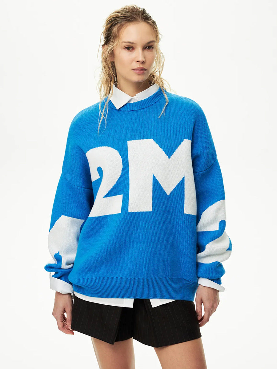 Letter Fashion Contrast Color Temperament Crew Sweaters