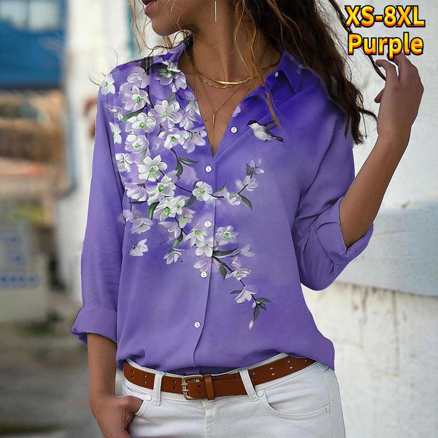 Women's Floral Printed Long Sleeve Button Shirt Blouses