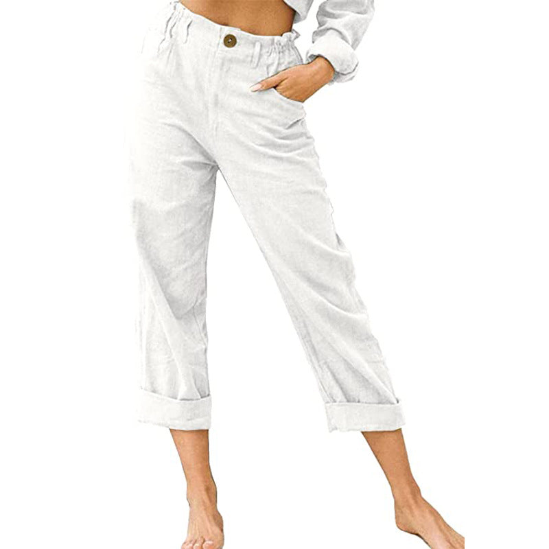 Pantalon décontracté taille haute en coton et lin pour femme, couleur unie, mode, ample