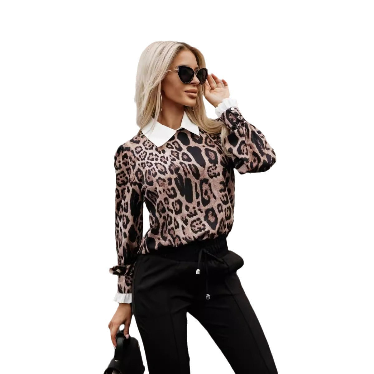 Women's Fashion Fake Two Pieces Leopard Print Long-sleeved Blouses