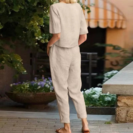 Women's Cotton Linen Summer Matching Half Sleeve Oversized Wide Suits