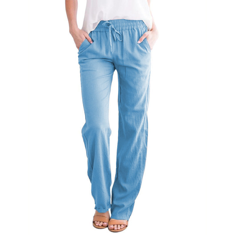 Pantalon décontracté ample en coton et lin de couleur unie pour femme avec cordon de serrage