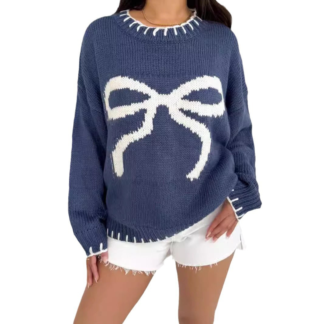 Women's Bow Brocade Idle Style Loose Warm Knitwear