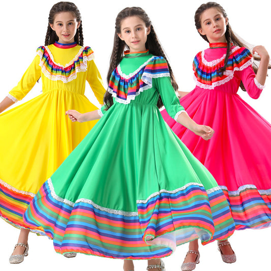 Costumes de danse ethnique mexicaine pour enfants avec robe trapèze de grande taille