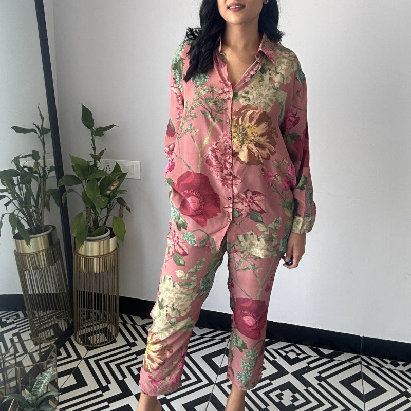 Women's Shirt Cropped Fashion Floral Printed Two-piece Suits