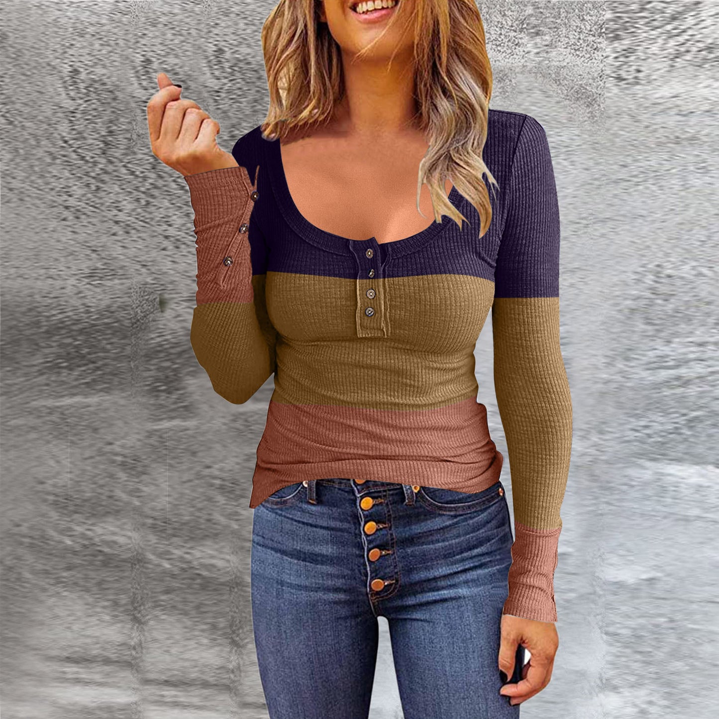 Women's T-shirt Round Neck Pullover Button Long Blouses