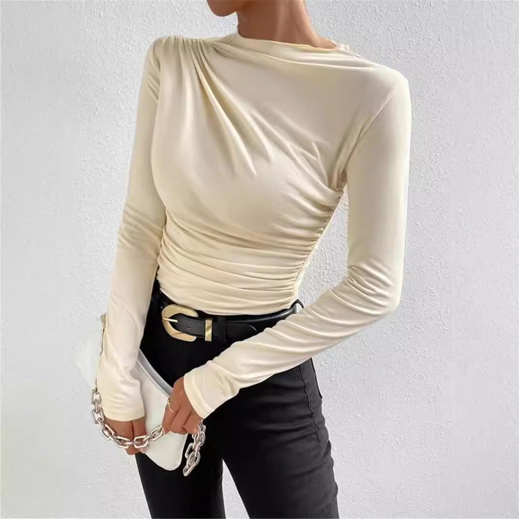 Women's Color Elegant Slim Fit Pleated Design Long-sleeved Blouses