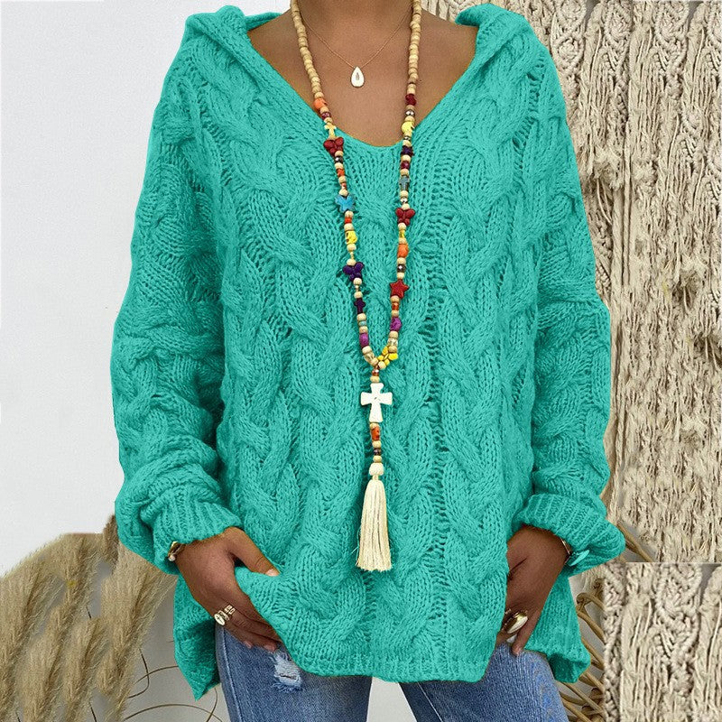 Women's Solid Color Twist Knitted Hoodie Sweaters