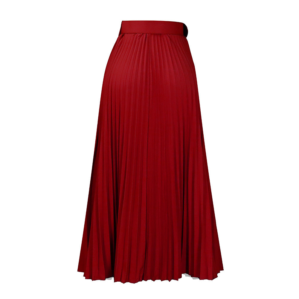 Women's High Waist Large Belt Mid-length Pleated Skirts